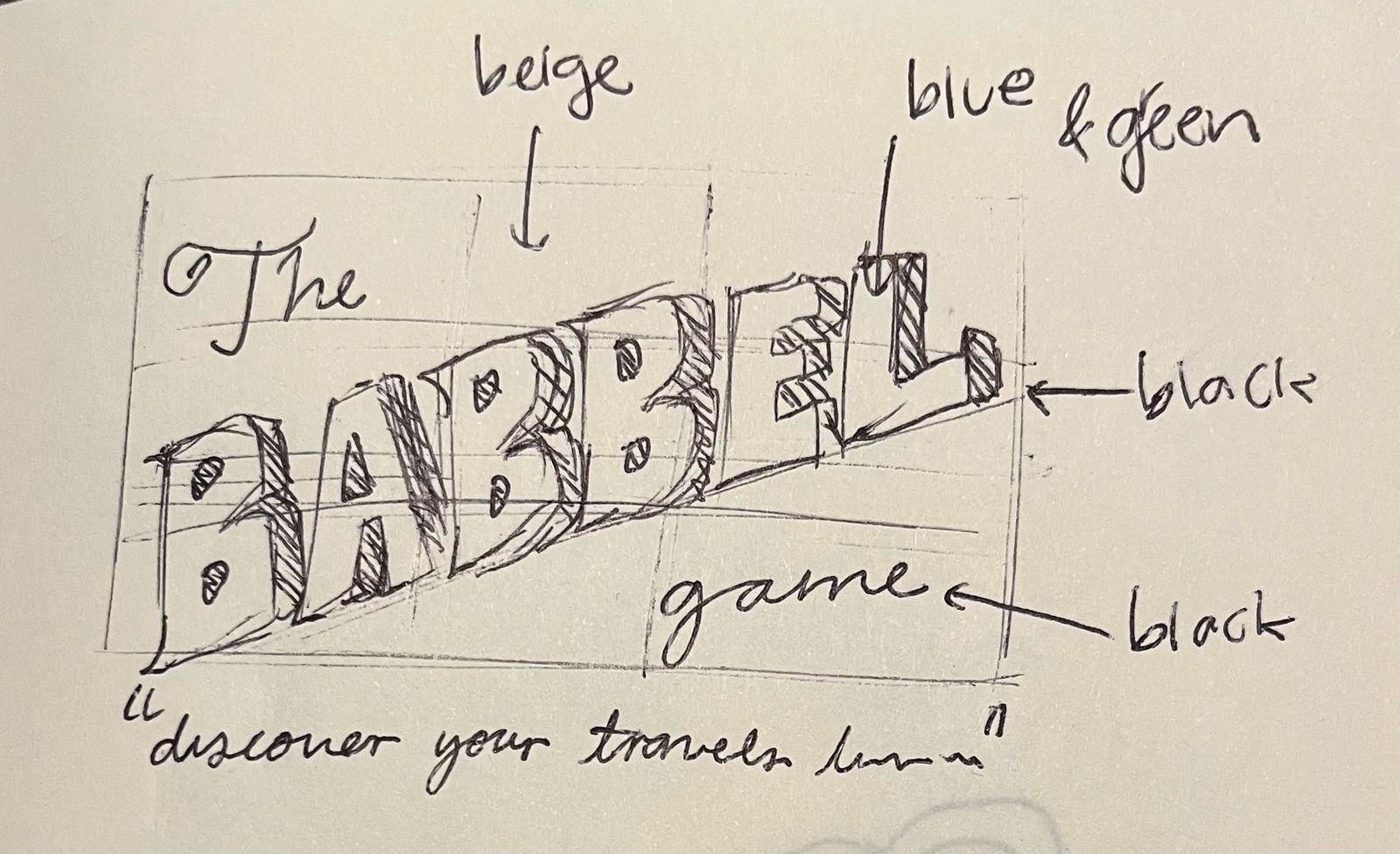 Pencil sketch of The Babbel Game logo with handwritten colour notes