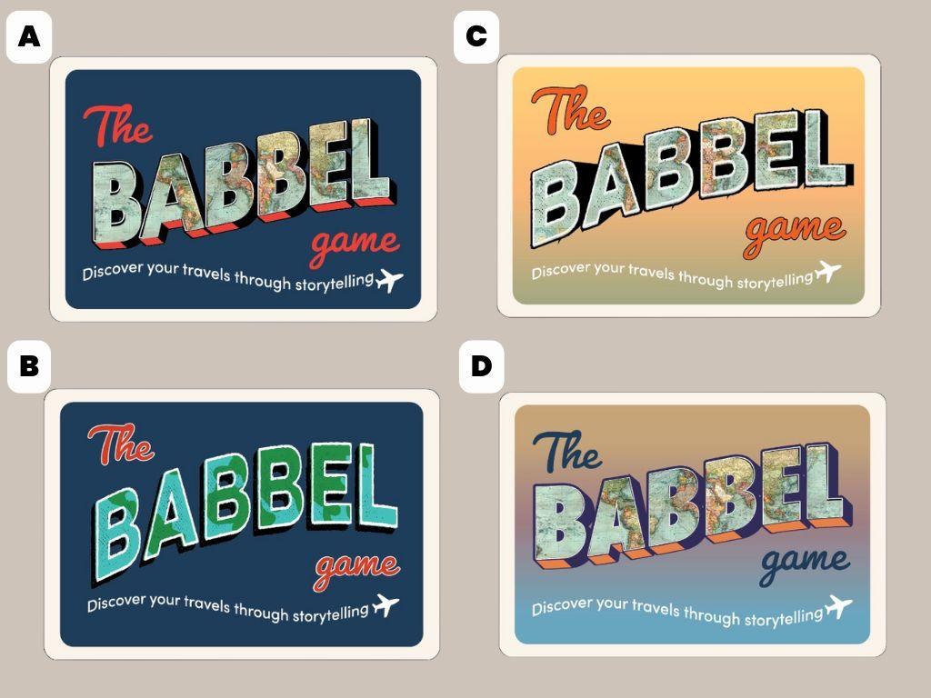 Four logo design options for The Babbel Game side by side