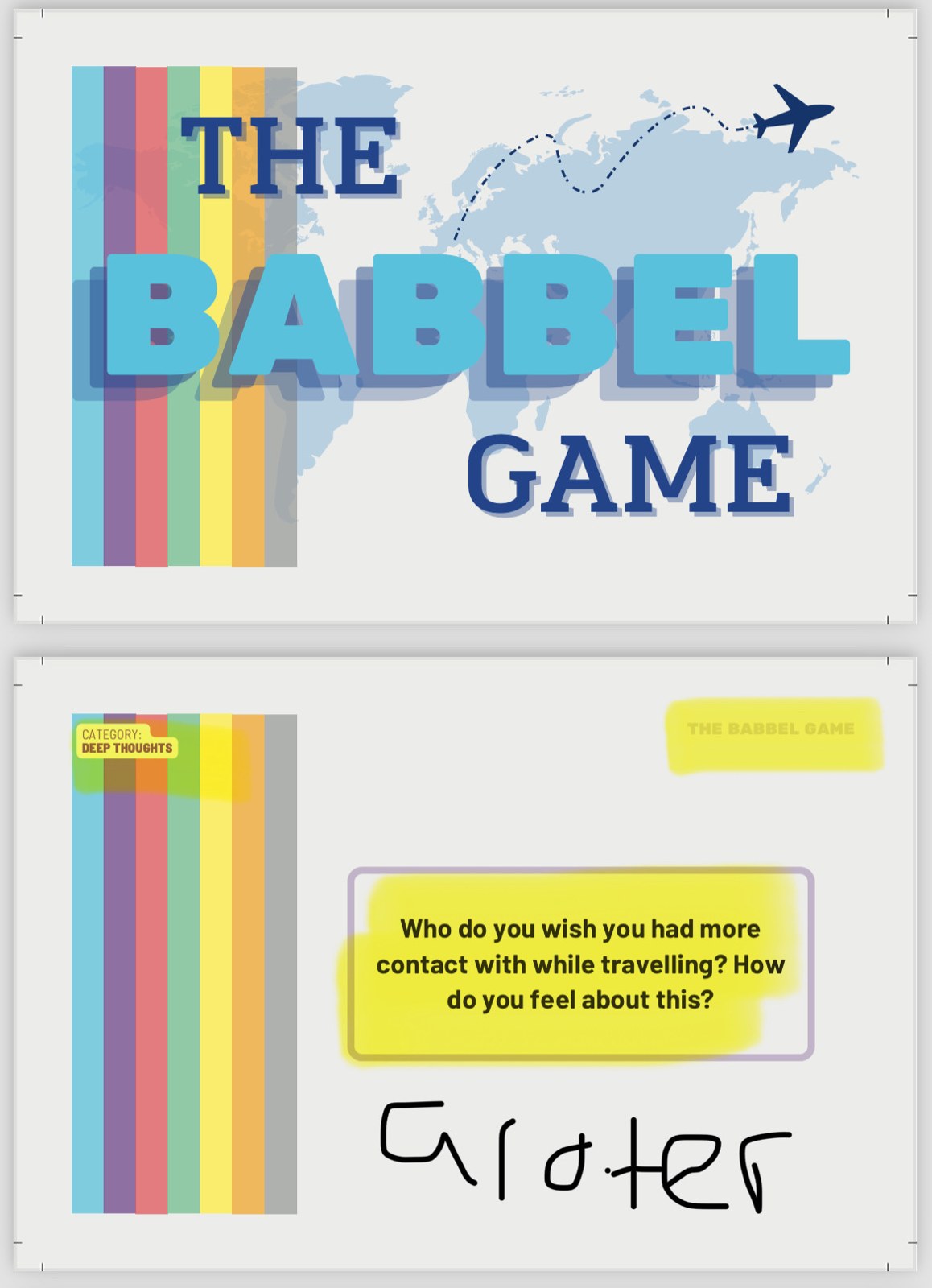 Design proofs of the Babbel Game cover card and a question card